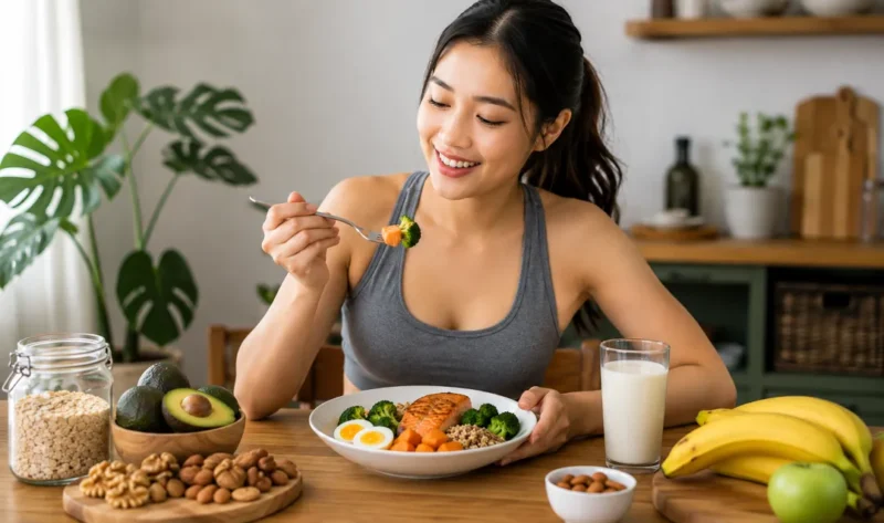 Ilustrasi seorang wanita mengonsumsi makanan sehat untuk menambah berat badan. (Foto: AI Generate)