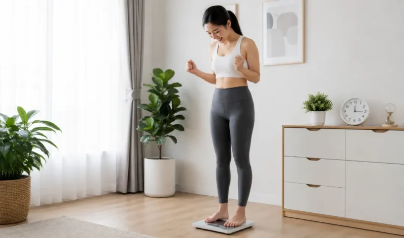 Ilustrasi Wanita menimbang berat badan. (Foto: AI Generate)