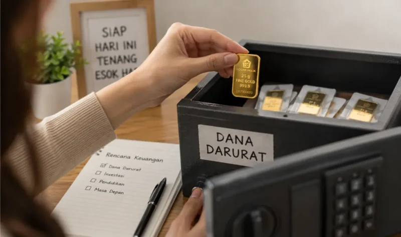 Ilustrasi menyimpan batangan emas sebagai dana darurat. (Foto: AI Generate)