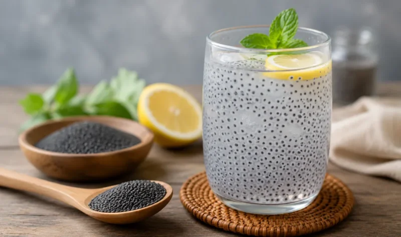 Ilustrasi minuman biji selasih. (Foto: AI Generated)
