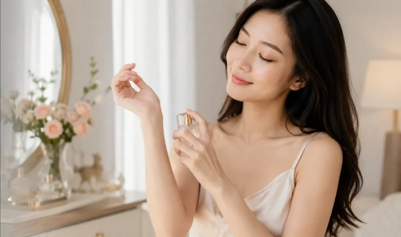 Ilustrasi seorang wanita menggunakan parfum. (Foto: AI Generated)
