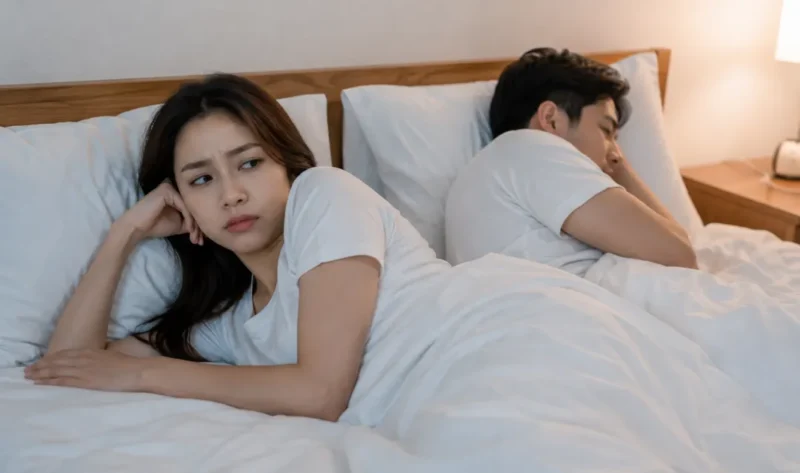 Ilustrasi pasangan tampak canggung saat berada di tempat tidur. (Foto: AI Generate)