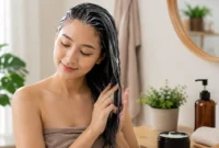 Ilustrasi wanita melakukan perawatan rambut. (Foto: AI Generate)