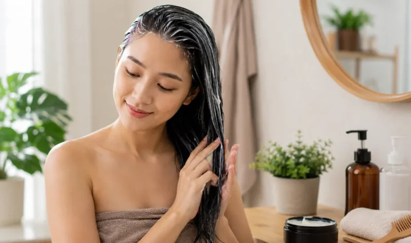 Ilustrasi wanita melakukan perawatan rambut. (Foto: AI Generate)