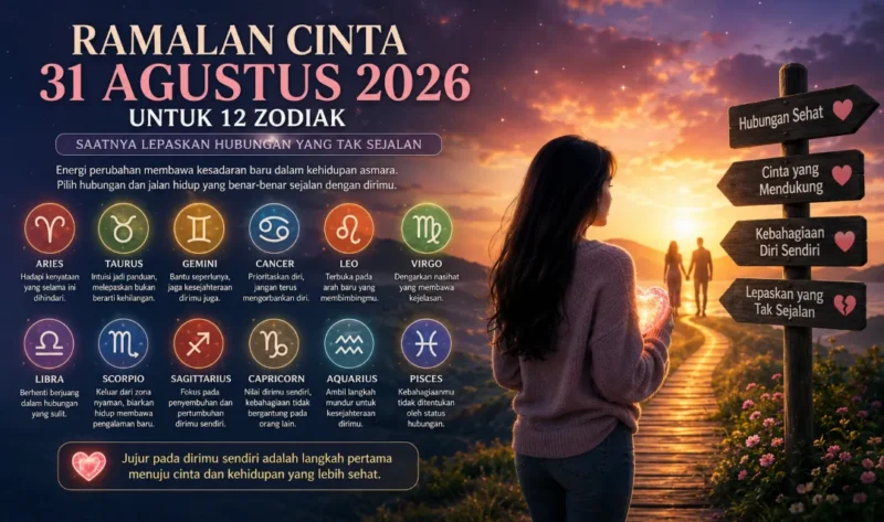Ilustrasi ramalan cinta Senin, 31 Agustus 2026 untuk 12 zodiak. (Foto: AI Generated)