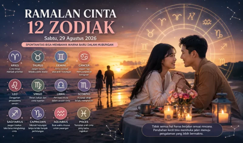 Ilustrasi ramalan cinta 12 zodiak Sabtu, 29 Agustus 2026. (Foto: AI Generated)