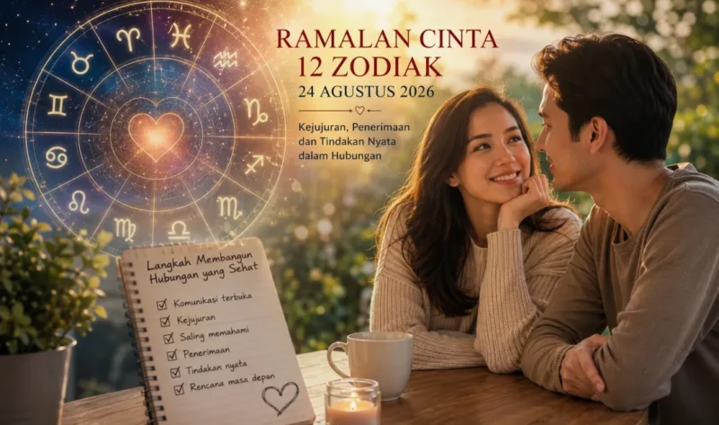 Ilustrasi ramalan cinta 12 zodiak Senin 24 Agustus 2026. (Foto: AI Generated)
