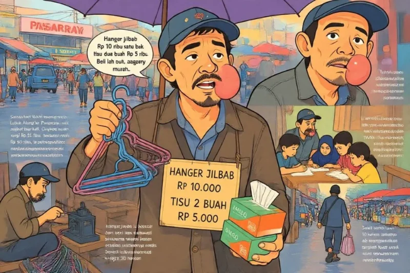 Ilustrasi Rusli penjual hanger jilbab.