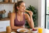 Ilustrasi wanita sarapan sebelum berolahraga. (Foto: AI Generate)