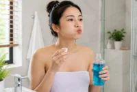 Ilustrasi wanita menggunakan obat kumur. (Foto: AI Generate)