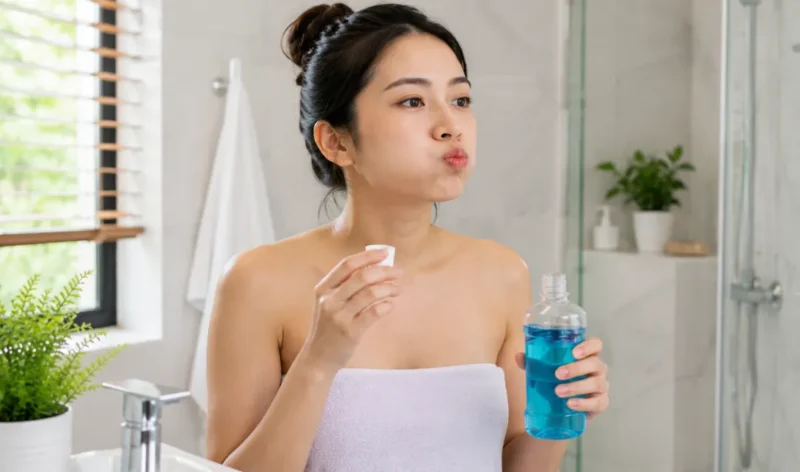 Ilustrasi wanita menggunakan obat kumur. (Foto: AI Generate)