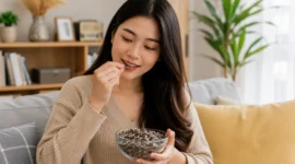 Ilustrasi wanita makan kuaci. (Foto: AI Generate)
