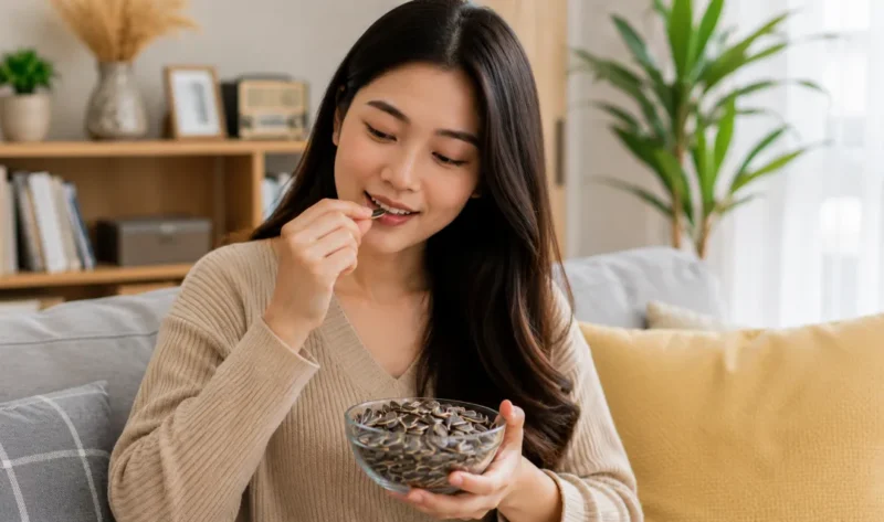 Ilustrasi wanita makan kuaci. (Foto: AI Generate)
