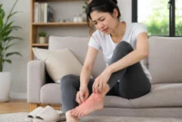 Ilustrasi wanita menggaruk kaki yang gatal . (Foto: AI Generate)