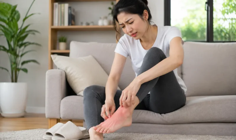 Ilustrasi wanita menggaruk kaki yang gatal . (Foto: AI Generate)