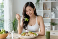 Ilustrasi seorang wanita menikmati hidangan sehat sebagai bagian dari pola makan diet. (Foto: AI Generated)