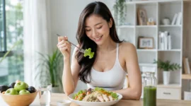 Ilustrasi seorang wanita menikmati hidangan sehat sebagai bagian dari pola makan diet. (Foto: AI Generated)