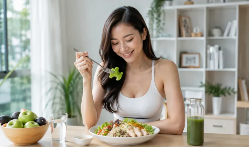 Ilustrasi seorang wanita menikmati hidangan sehat sebagai bagian dari pola makan diet. (Foto: AI Generated)