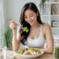 Ilustrasi seorang wanita menikmati hidangan sehat sebagai bagian dari pola makan diet. (Foto: AI Generated)