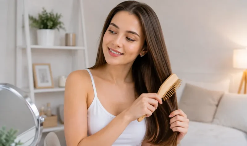 Ilustrasi wanita menyisir rambut. (Foto: AI Generate)