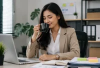 Ilustrasi wanita minum kopi. (Foto: AI Generated)