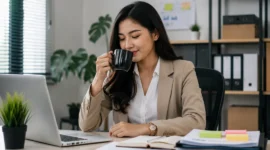 Ilustrasi wanita minum kopi. (Foto: AI Generated)