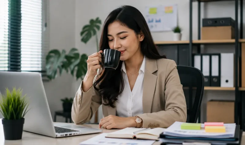 Ilustrasi wanita minum kopi. (Foto: AI Generated)