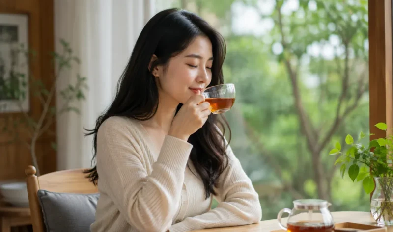 Ilustrasi wanita minum teh. (Foto: AI Generate)
