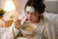 Ilustrasi seorang wanita yang sedang mengalami demam mengonsumsi sup ayam. (Foto: AI Generate)