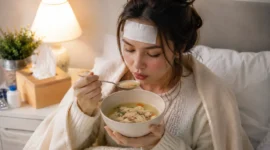 Ilustrasi seorang wanita yang sedang mengalami demam mengonsumsi sup ayam. (Foto: AI Generate)