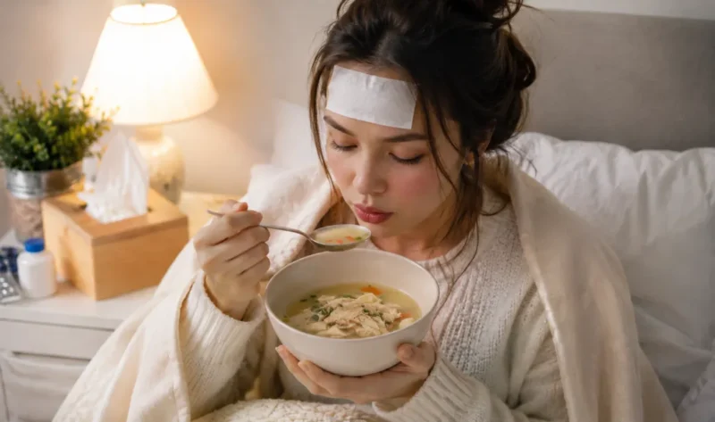 Ilustrasi seorang wanita yang sedang mengalami demam mengonsumsi sup ayam. (Foto: AI Generate)