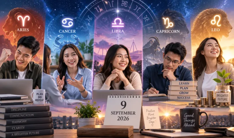 Ilustrasi 5 zodiak dengan horoskop terbaik 9 September 2026. (Foto: AI Generated)