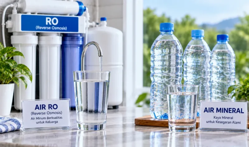 Ilustrasi air RO dan air mineral. (Foto: AI Generated)