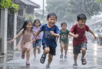 Ilustrasi anak-anak berlarian di tengah hujan lebat. (Foto: AI Generated)