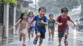 Ilustrasi anak-anak berlarian di tengah hujan lebat. (Foto: AI Generated)