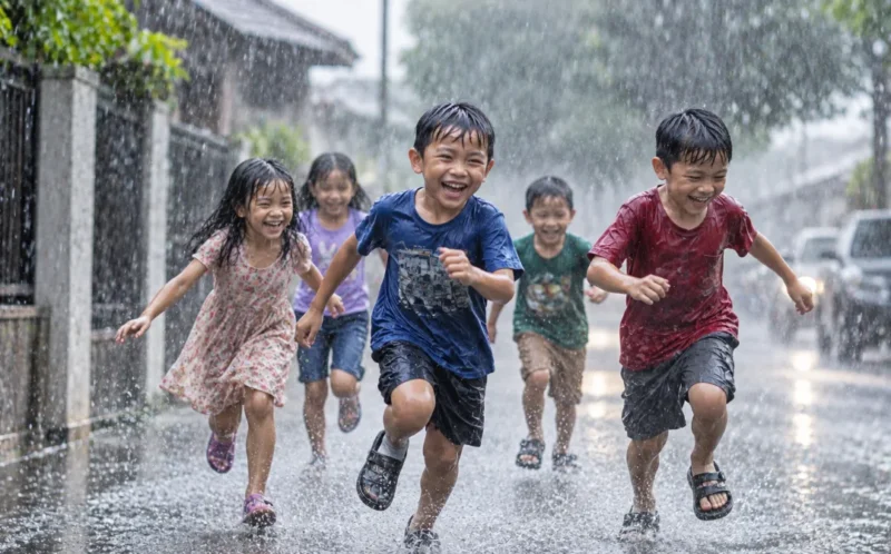 Ilustrasi anak-anak berlarian di tengah hujan lebat. (Foto: AI Generated)