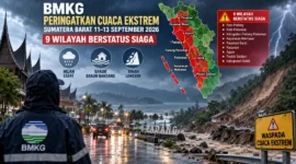 Ilustrasi BMKG Stasiun Meteorologi Kelas II Minangkabau memperingatkan cuaca ekstrem Sumbar 11–13 September. (Foto: AI Generated)