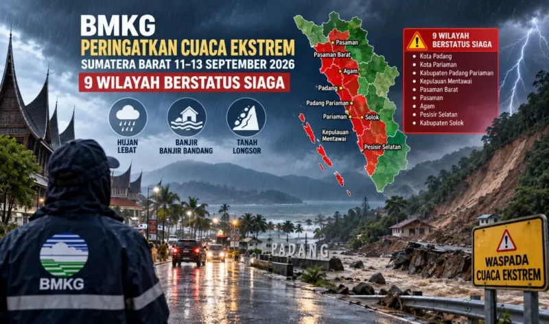 Ilustrasi BMKG Stasiun Meteorologi Kelas II Minangkabau memperingatkan cuaca ekstrem Sumbar 11–13 September. (Foto: AI Generated)