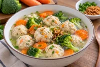 Ilustrasi bakso ayam sayur. (Foto: AI Generated)