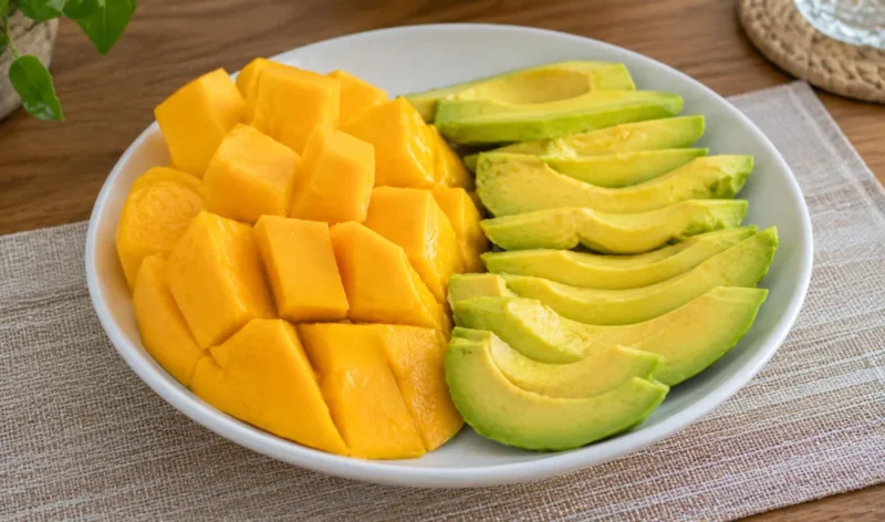Ilustrasi buah mangga dan alpukat. (Foto: AI Generated)