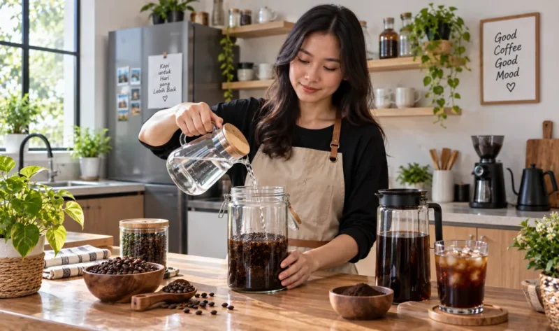 Ilustrasi cara membuat cold brew. (Foto: AI Generated)

