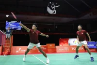 Ganda putra Indonesia Fajar Alfian/Muhammad Shohibul Fikri meraih medali perunggu Asian Games Aichi-Nagoya 2026 setelah kalah dari wakil China, Liang Weikeng/Wang Chang di babak semifinal. (Foto: Dok. NOC/NMA)