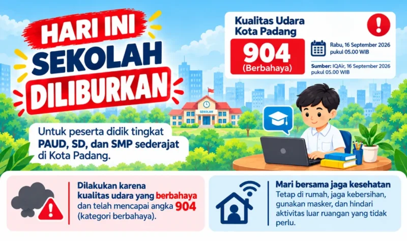 Pemko kembali meliburkan siswa PAUD, SD, dan SMP pada Rabu (16/9/2026), menyusul kondisi kualitas udara Padang yang berada pada kategori berbahaya. (Foto: IG @diskominfokotapadang)
