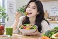 Ilustrasi wanita mengonsumsi makanan kaya serat. (Foto: AI Generated)