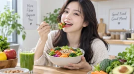 Ilustrasi wanita mengonsumsi makanan kaya serat. (Foto: AI Generated)