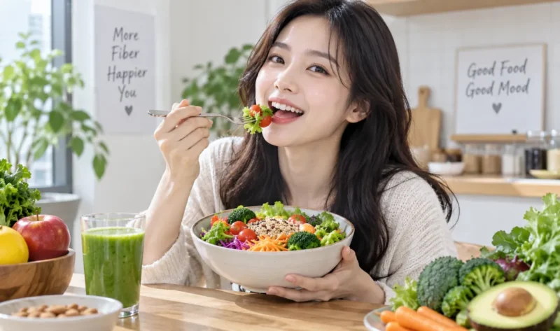 Ilustrasi wanita mengonsumsi makanan kaya serat. (Foto: AI Generated)