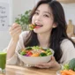 Ilustrasi wanita mengonsumsi makanan kaya serat. (Foto: AI Generated)
