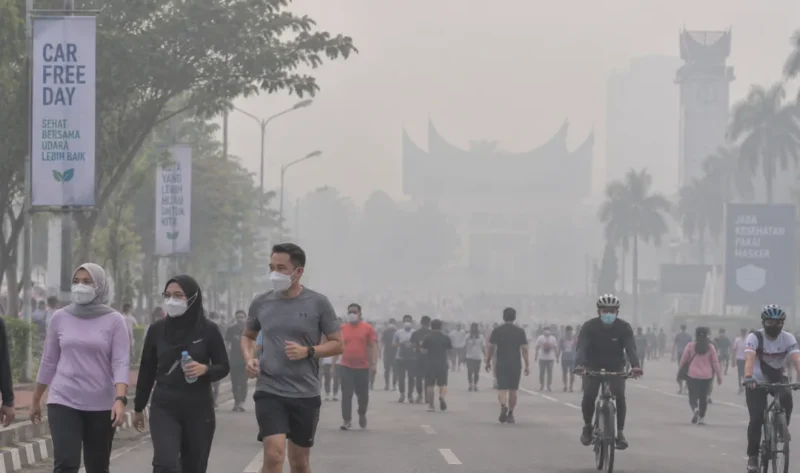 Ilustrasi olahraga saat kabut asap. (Foto: AI Generated)