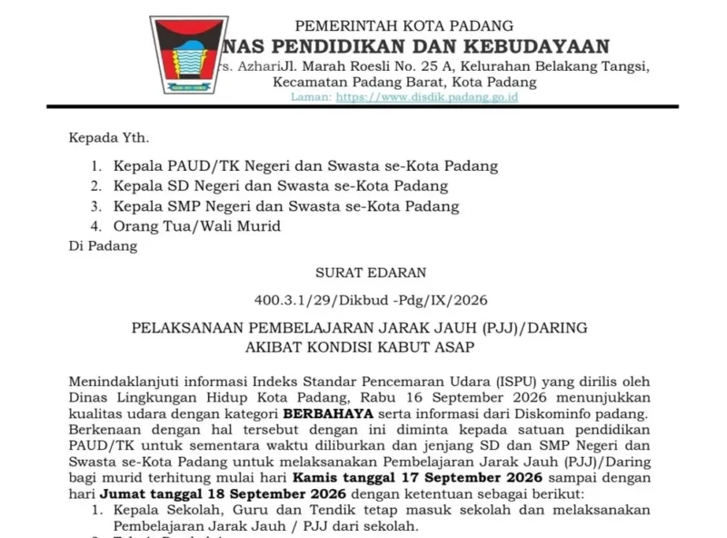 Pemko Padang menerapkan PJJ atau daring bagi siswa SD dan SMP selama dua hari, 17-18 September 2026. (Foto: Pemko Padang)