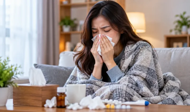 Ilustrasi wanita mengalami gejala flu. (Foto: AI Generated)